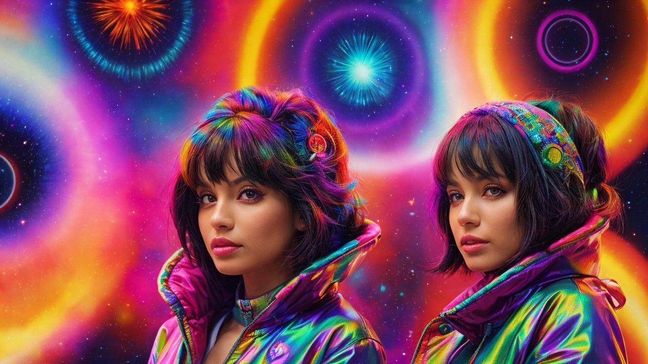 Stylish Individuals in Iridescent Jackets Against Cosmic Background