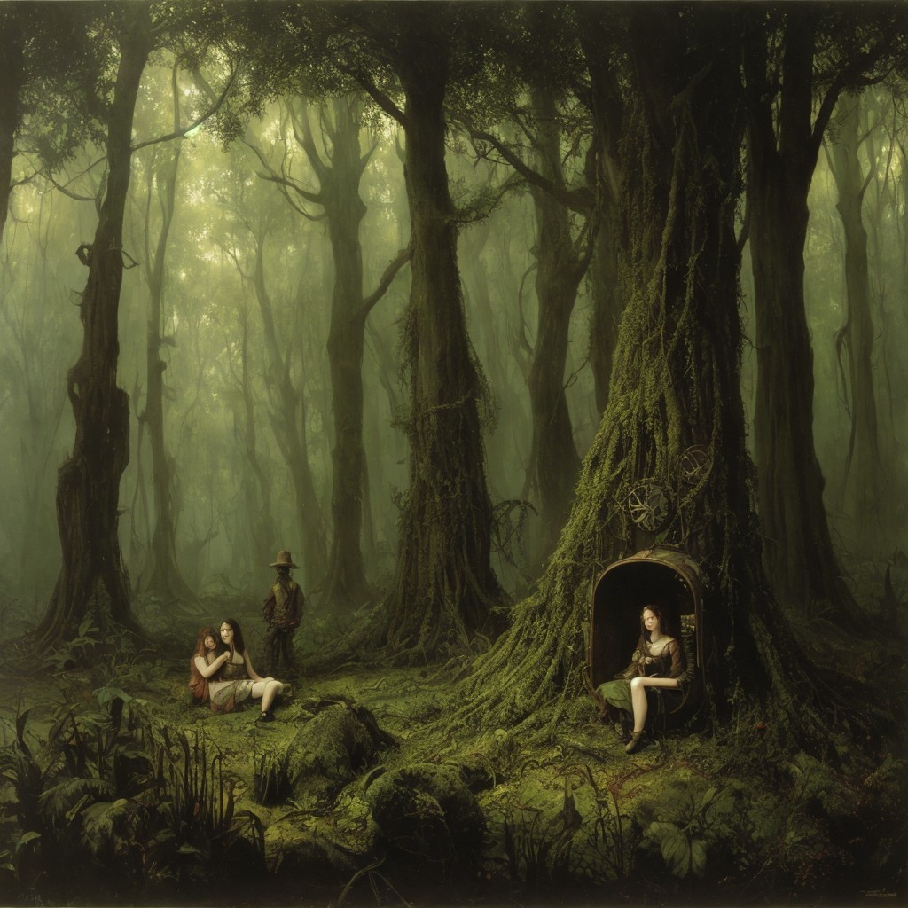 Mystical forest scene with ethereal figures and mist