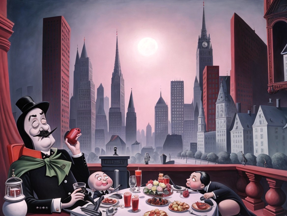 Whimsical Dining Scene with City Skyline Backdrop