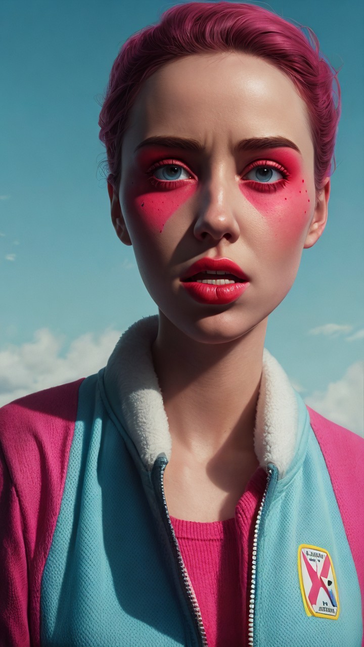 Portrait of a Fair-Skinned Woman with Pink Hair and Makeup