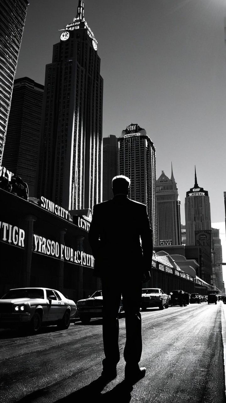 Silhouette of a Figure Against a Cityscape at Night