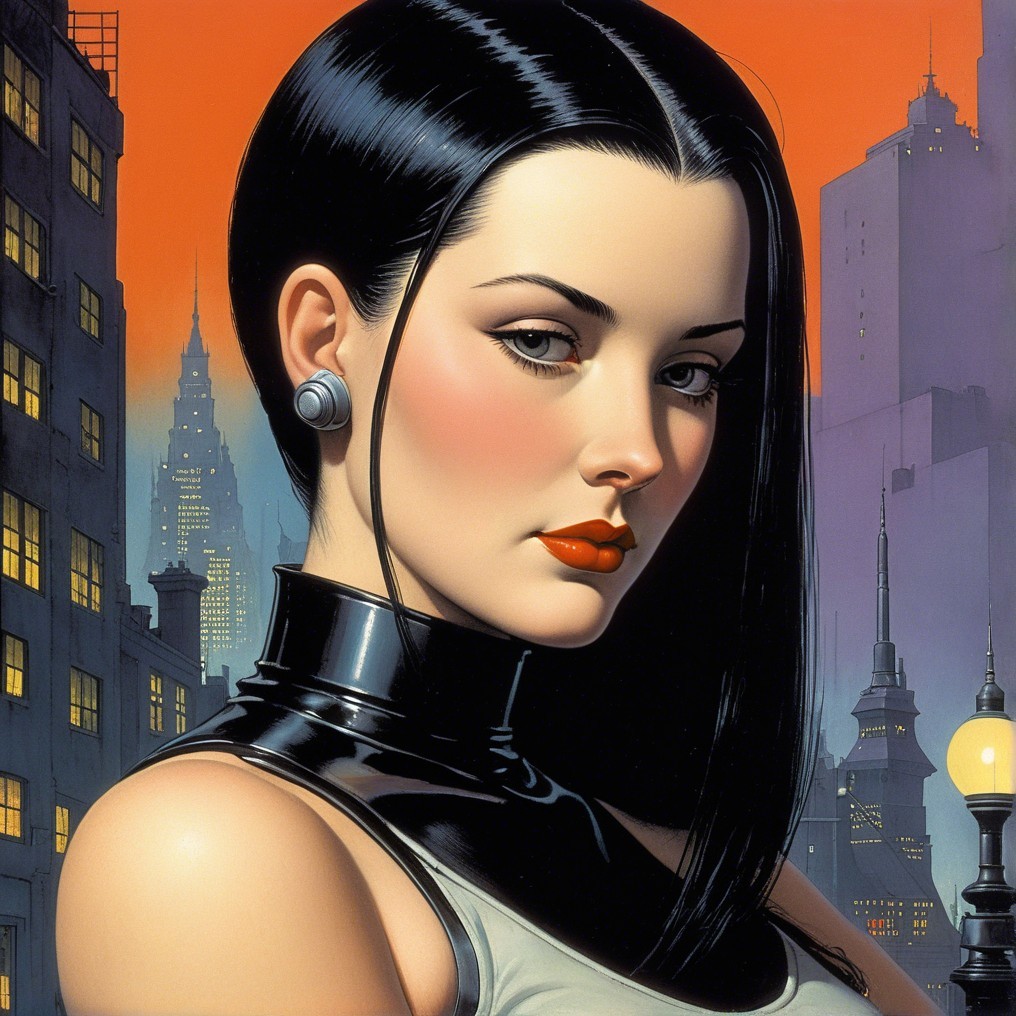 Woman with Black Hair Against Urban Skyline at Twilight