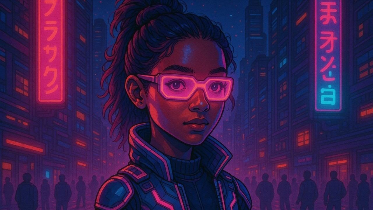 Young woman in neon glasses in cyberpunk cityscape