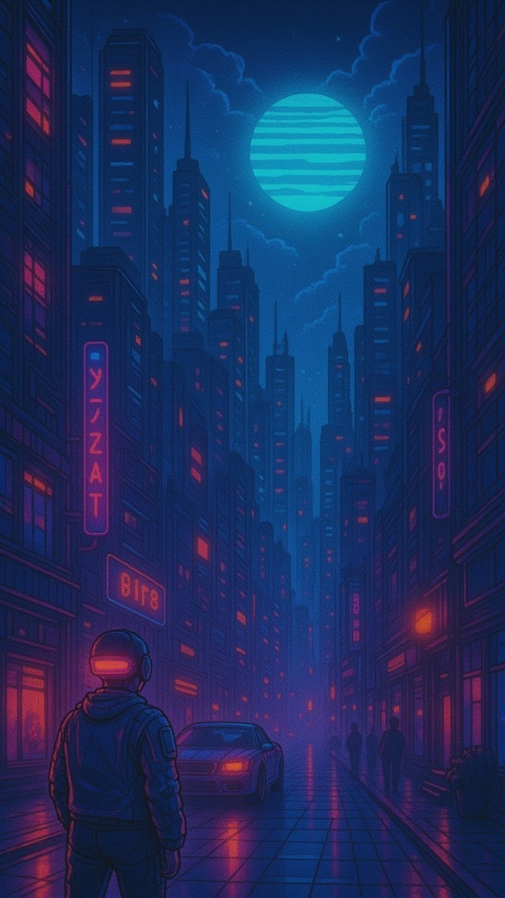 Futuristic cityscape with neon hues and solitude