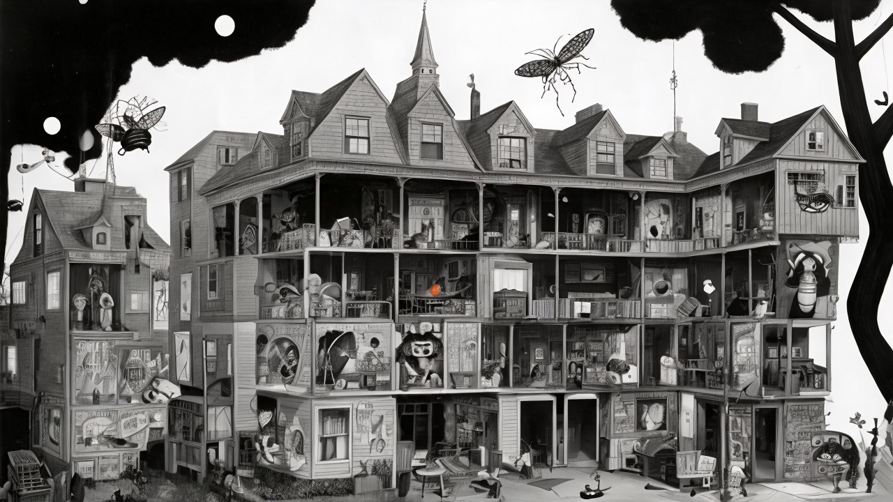 Monochrome Victorian Dollhouse Cutaway Illustration