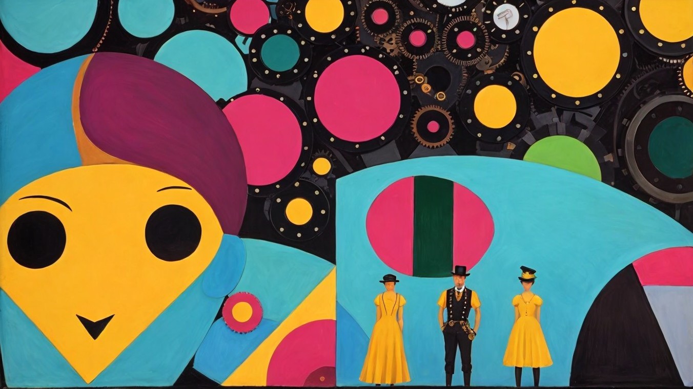 Vibrant Scene with Characters and Oversized Gears