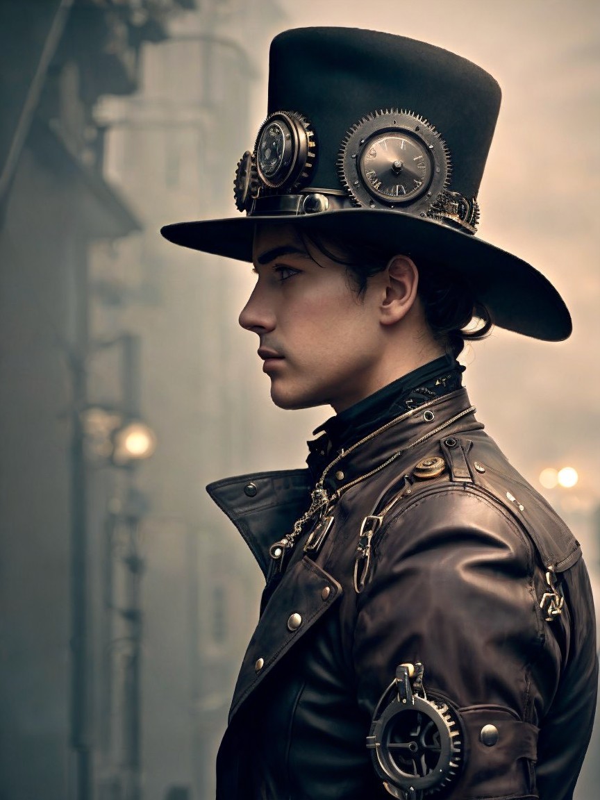 Steampunk-Inspired Outfit with Leather Jacket and Hat