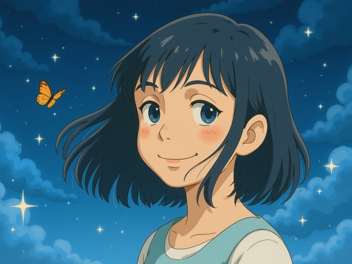 Young girl smiling in a dreamy night sky scene