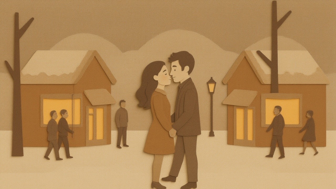 Winter Scene of a Couple Embracing in Snowy Setting