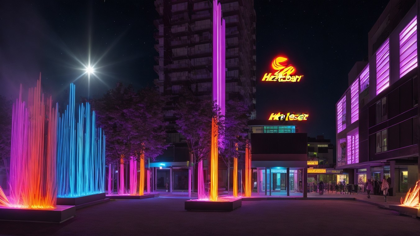Vibrant Urban Plaza at Night with Colorful Lights