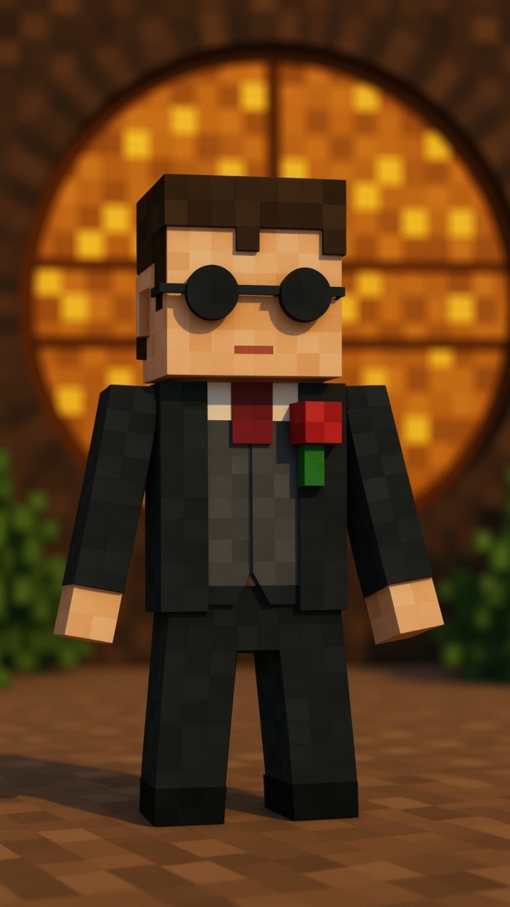 Pixelated Character in Formal Suit with Golden Background