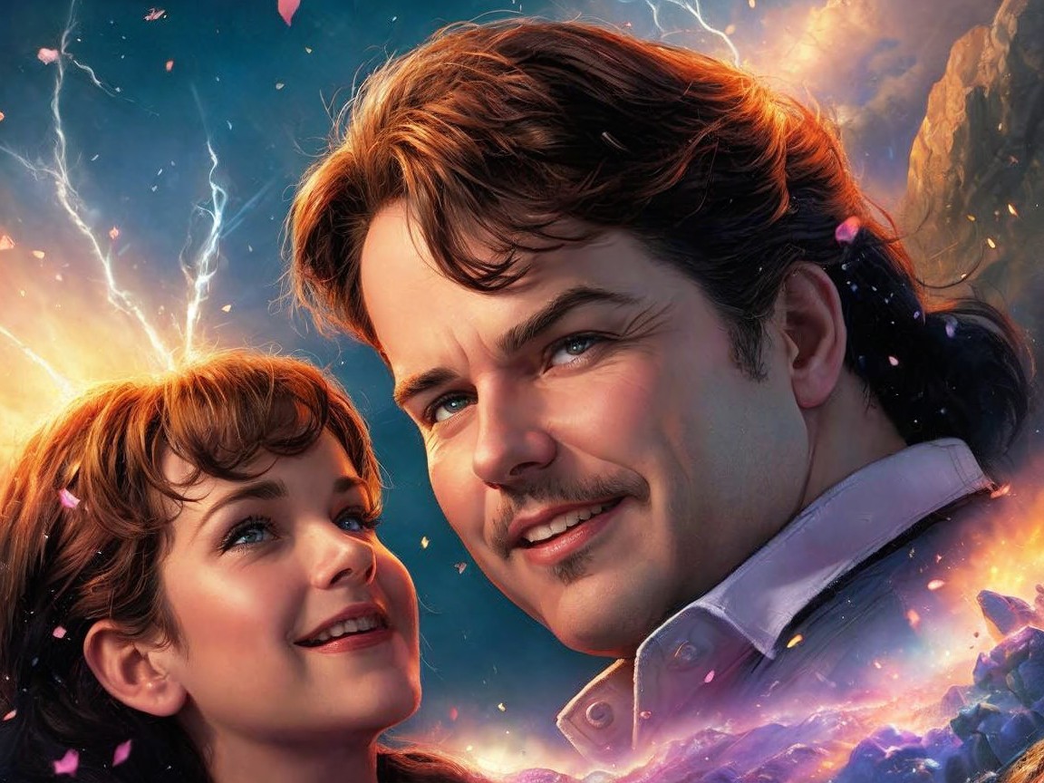 Illustration of a couple with vibrant, dramatic background