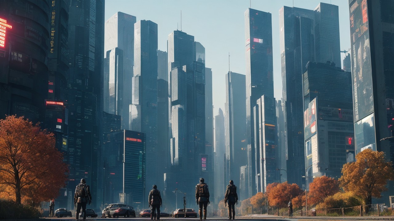 Futuristic cityscape with skyscrapers and autumn trees