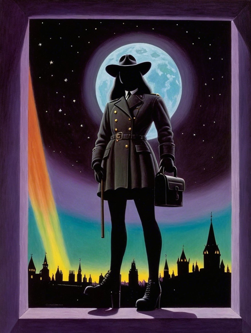 Mysterious Figure in Military Coat Against Night Sky