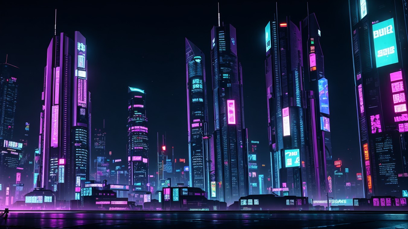 Futuristic Night Cityscape with Neon Lights and Mist
