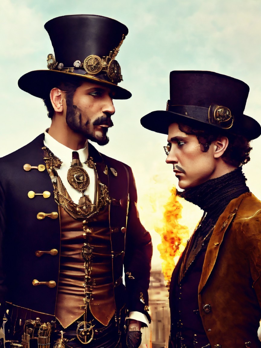 Steampunk Attire and Dramatic Explosion Scene