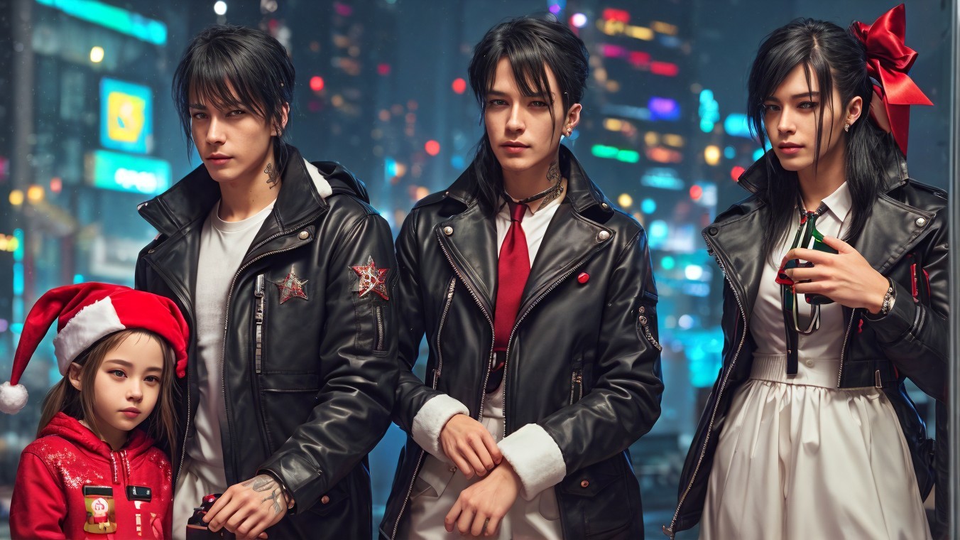 Group in Neon Urban Setting with Stylish Attire