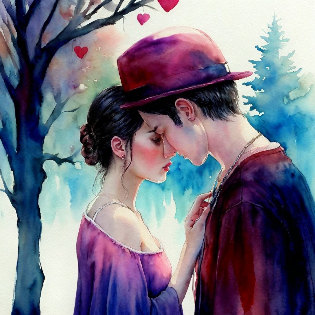 Watercolor Painting of a Romantic Couple Embracing