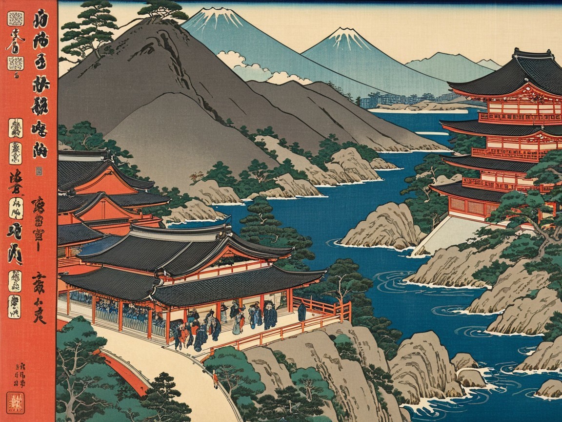 Traditional Japanese Ukiyo-e Coastal Landscape Print