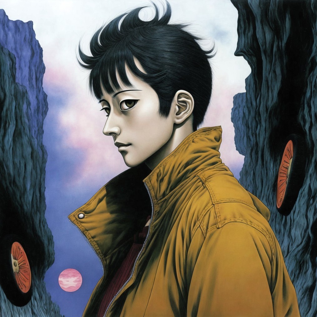 Young figure in yellow jacket in surreal landscape