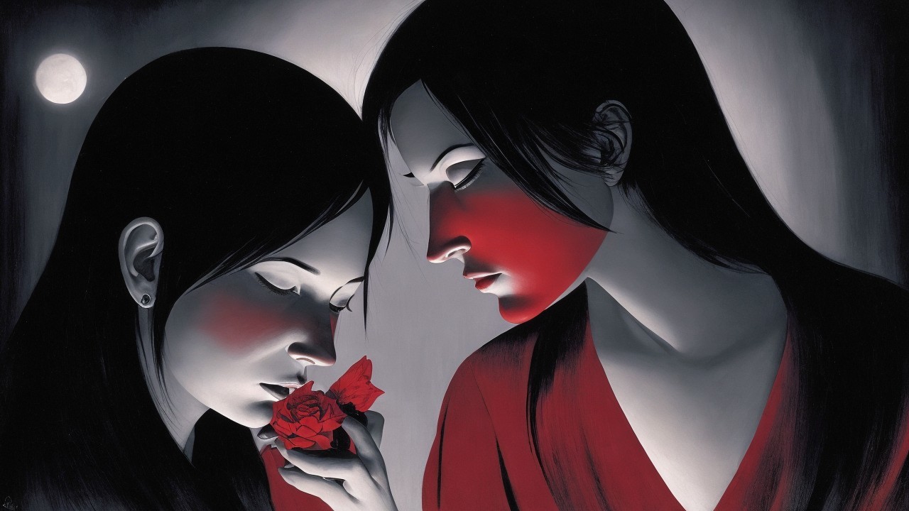 Two Women in Gray and Red with a Rose Under Moonlight