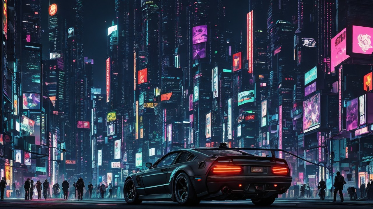 Black Sports Car in Neon-Lit Cyberpunk Cityscape