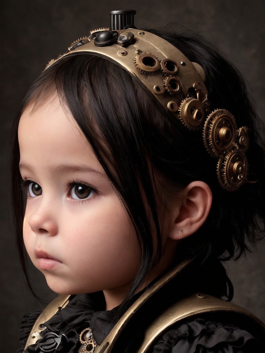 Child in Steampunk Headpiece with Serious Expression