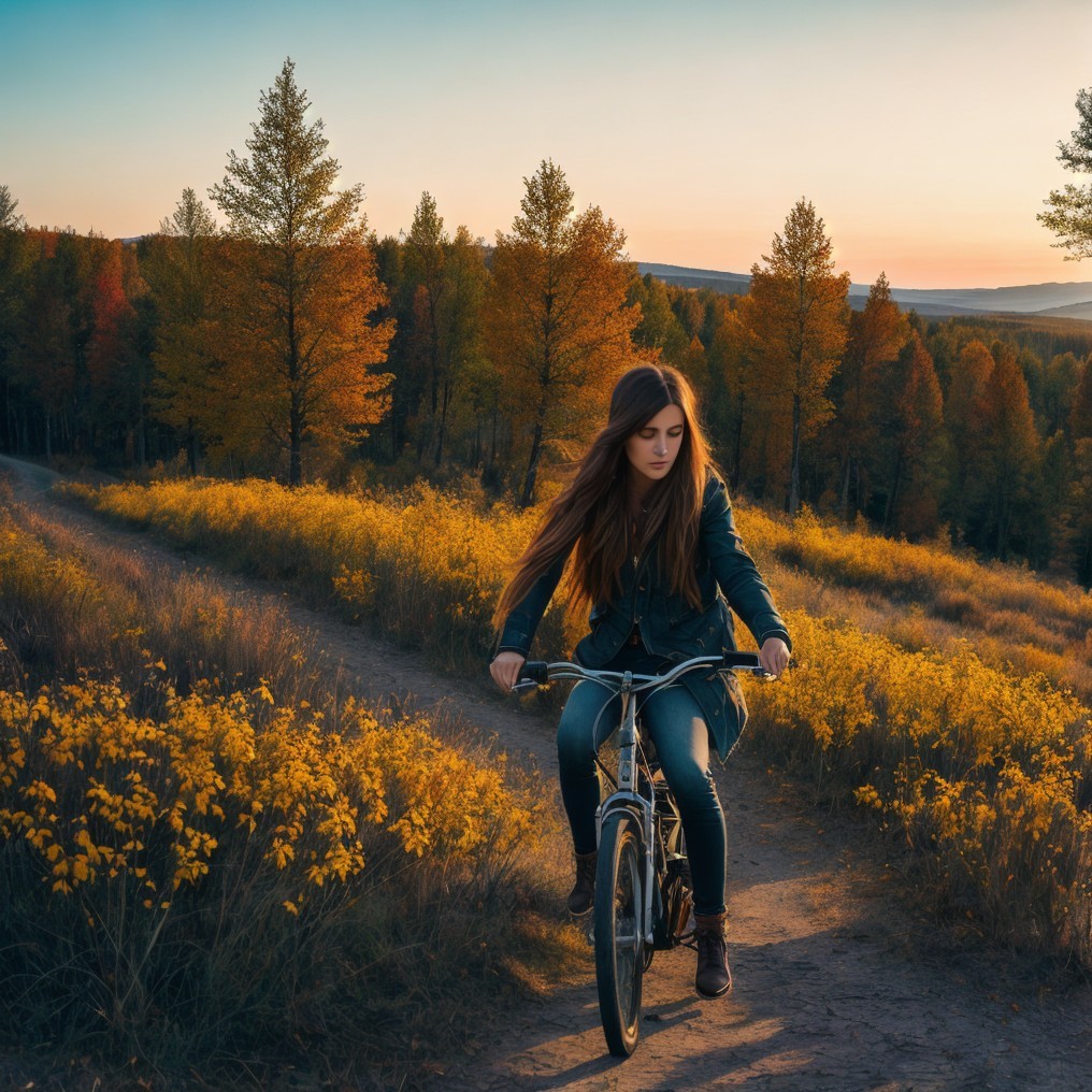Young Woman Biking Through Autumn Foliage Pathway