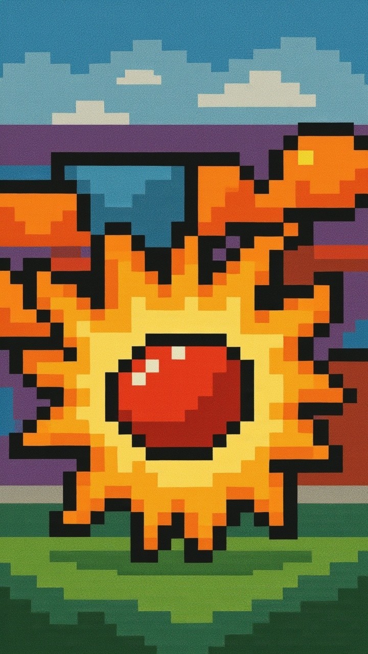 Vibrant Pixel Art of a Radiant Sun with Flames
