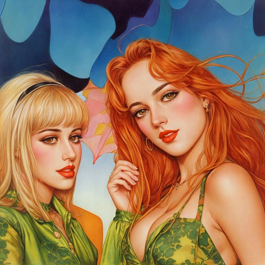 Two Women in Colorful Outfits Against Vibrant Background
