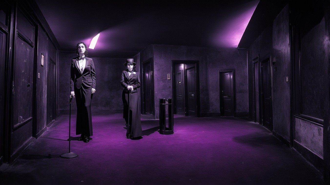 Dimly Lit Corridor with Purple Hue and Mannequins
