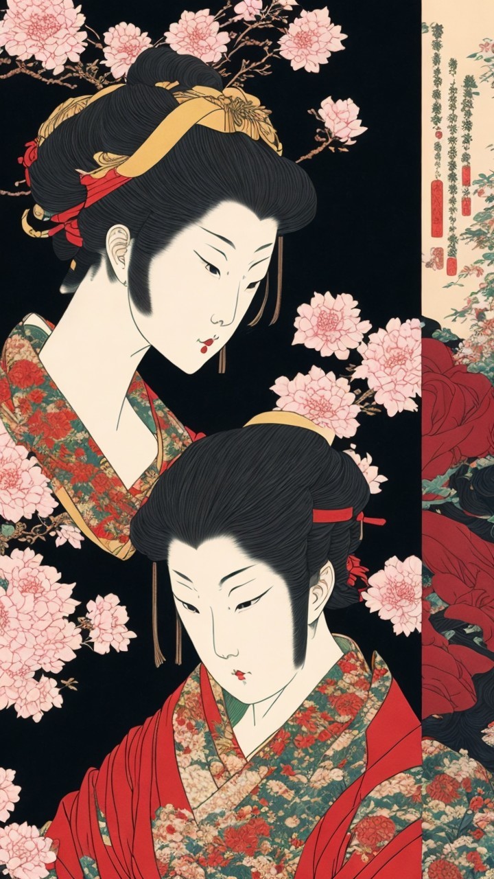 Japanese Woodblock Print of Two Women in Kimonos