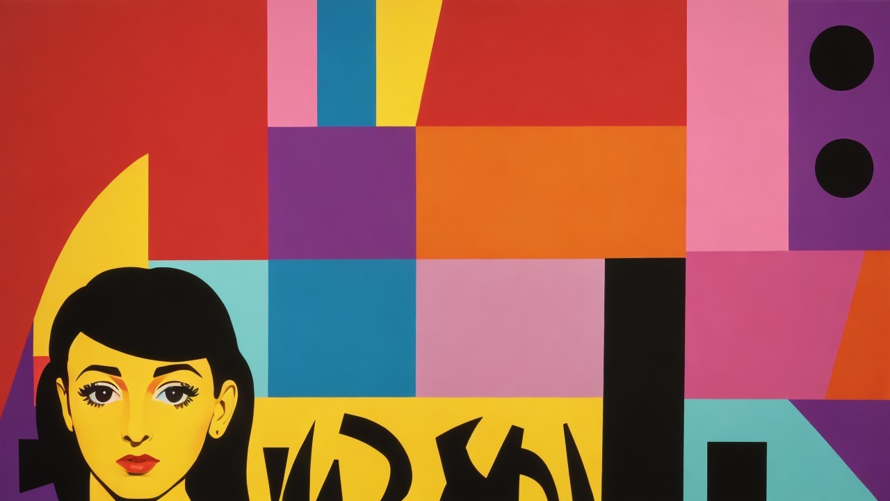 Vibrant Geometric Artwork with Stylized Woman's Face
