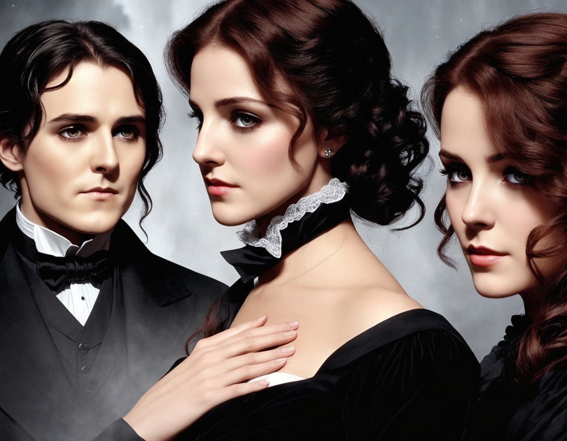 Victorian-style Attire on Three Elegantly Dressed Figures