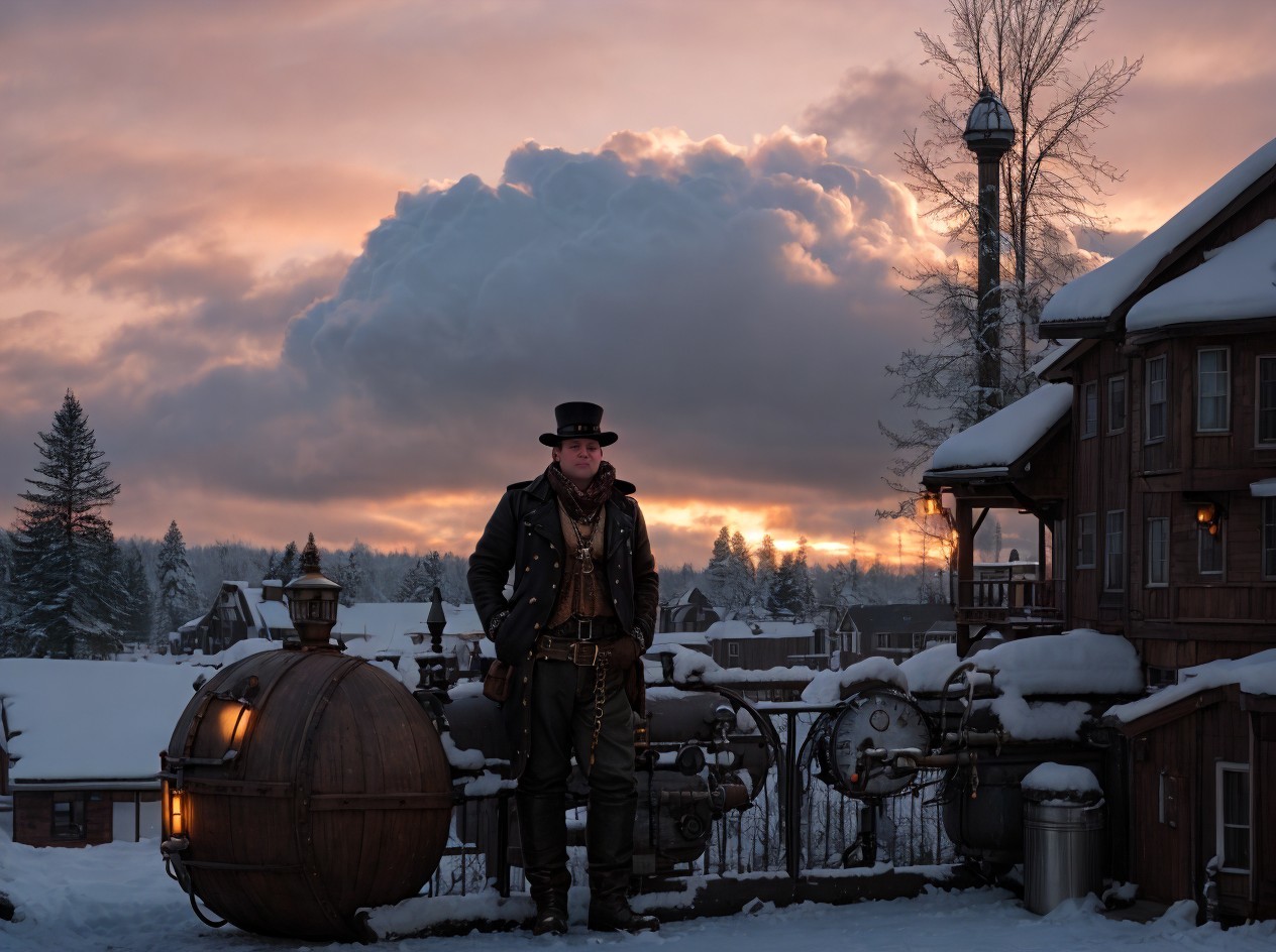 Steampunk Attire on a Rooftop at Sunset