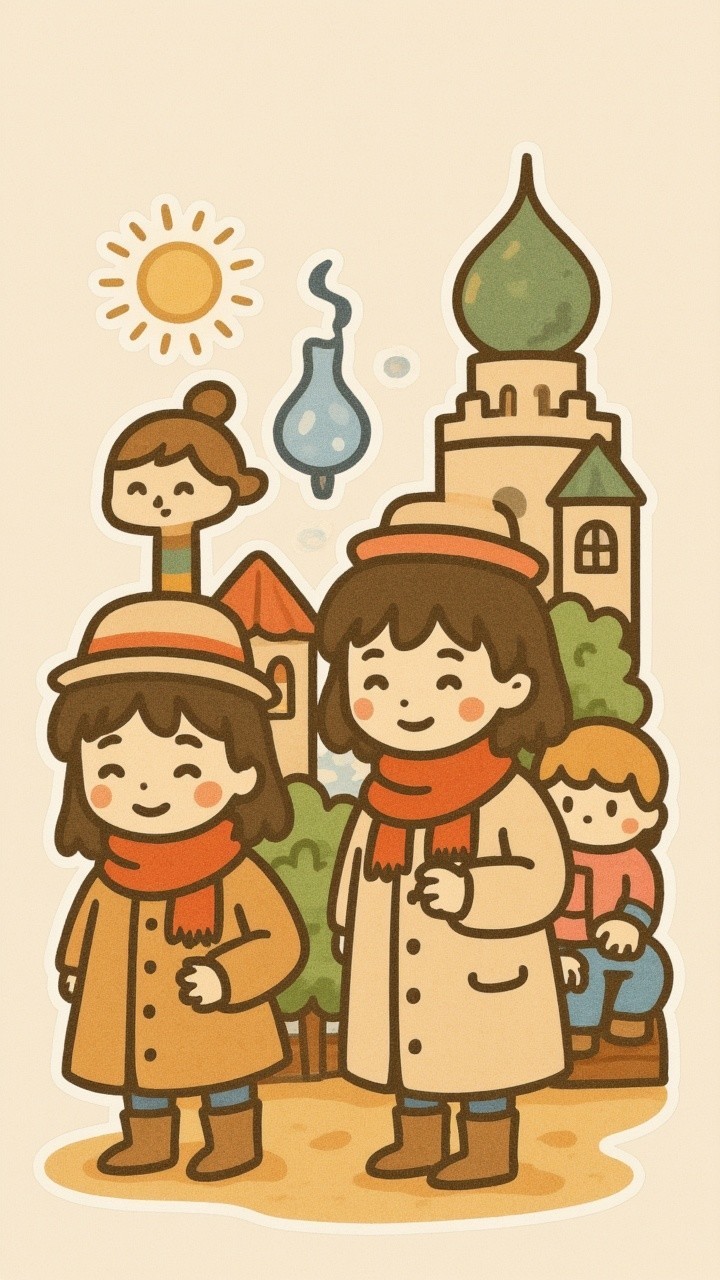 Cheerful Girls in Matching Coats in Quaint Town Scene