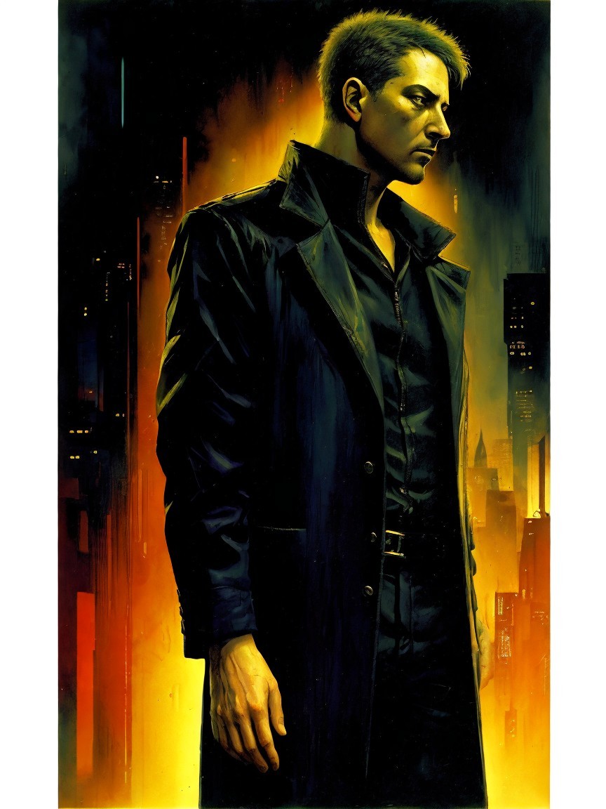 Brooding Figure in Black Coat Against Futuristic Cityscape