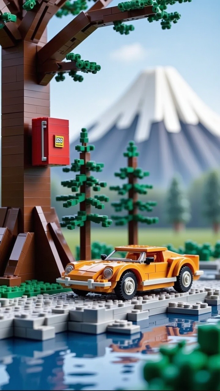 LEGO Scene with Sports Car by Serene Pond and Trees