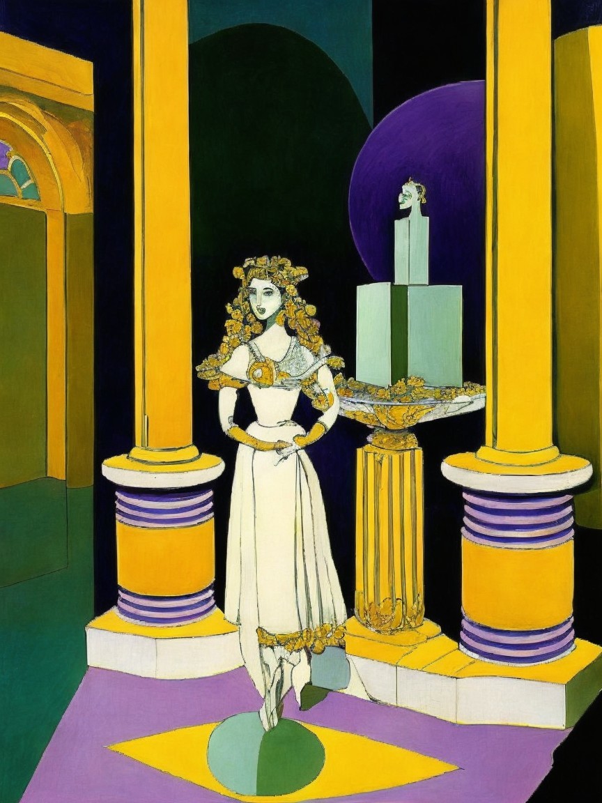 Stylized figure of a woman in a floral white dress