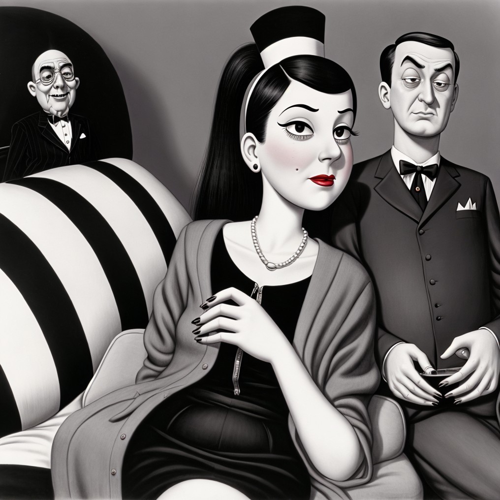 Monochromatic Scene with Glamorous Figures and Mystery
