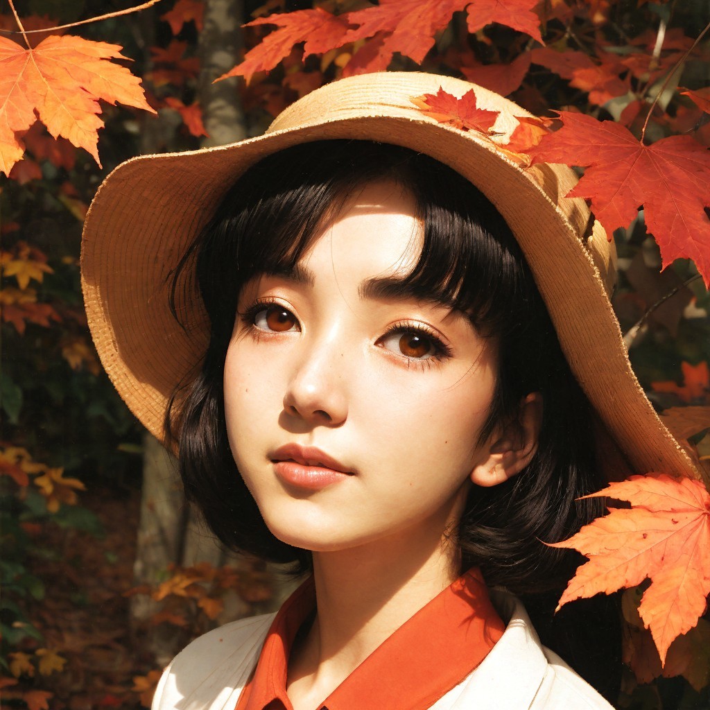 Young Woman in Autumn Leaves with Straw Hat
