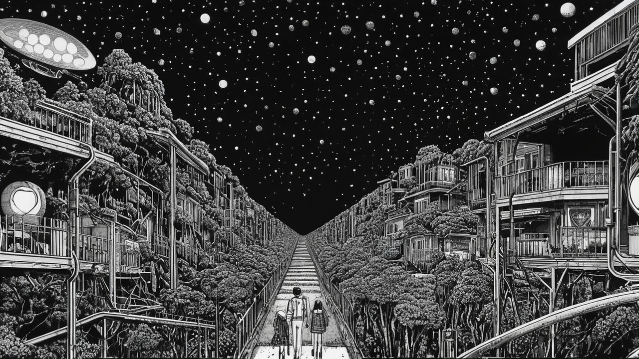 Black and white ink drawing of a family on a path