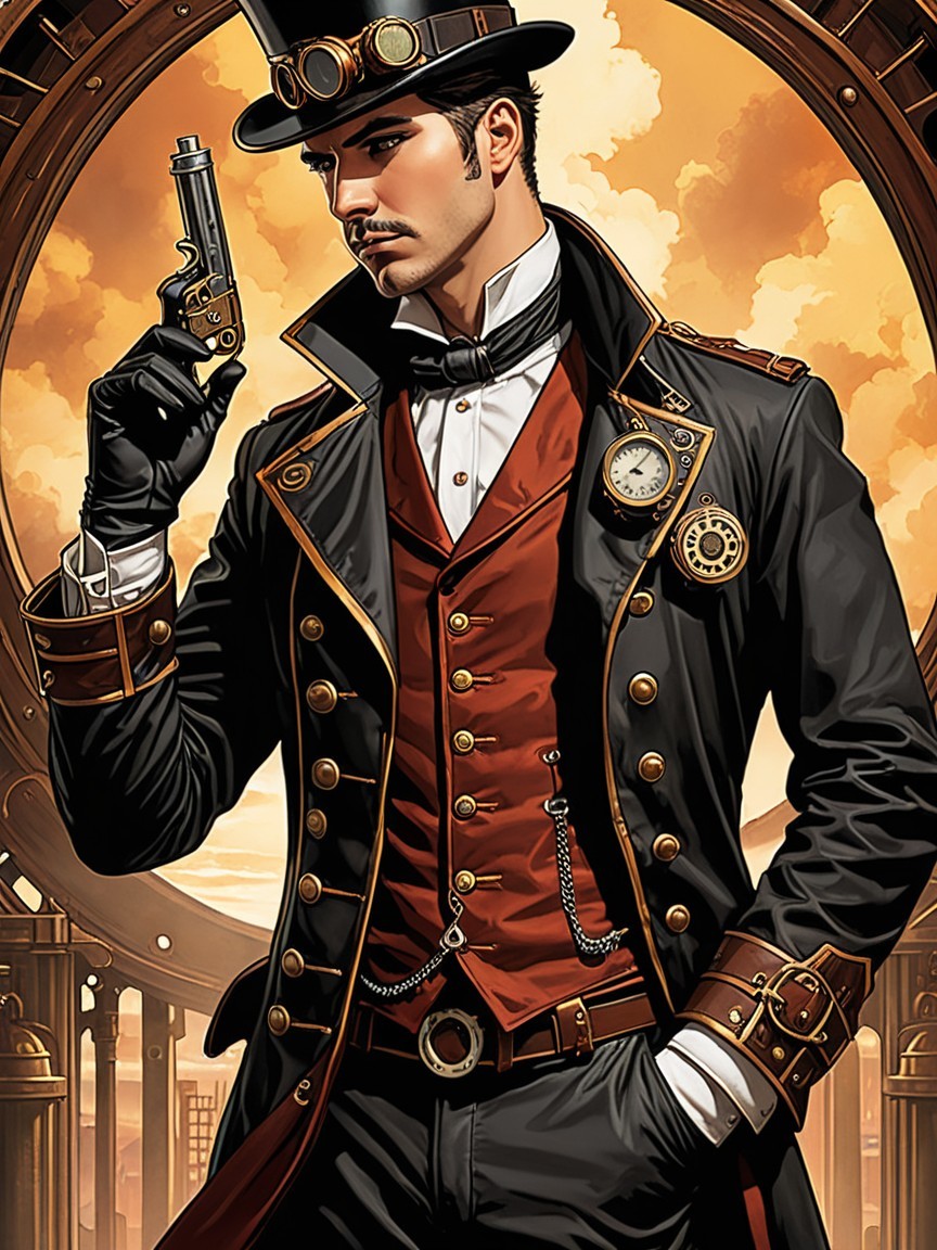 Steampunk Gentleman in Stylish Attire with Pistol