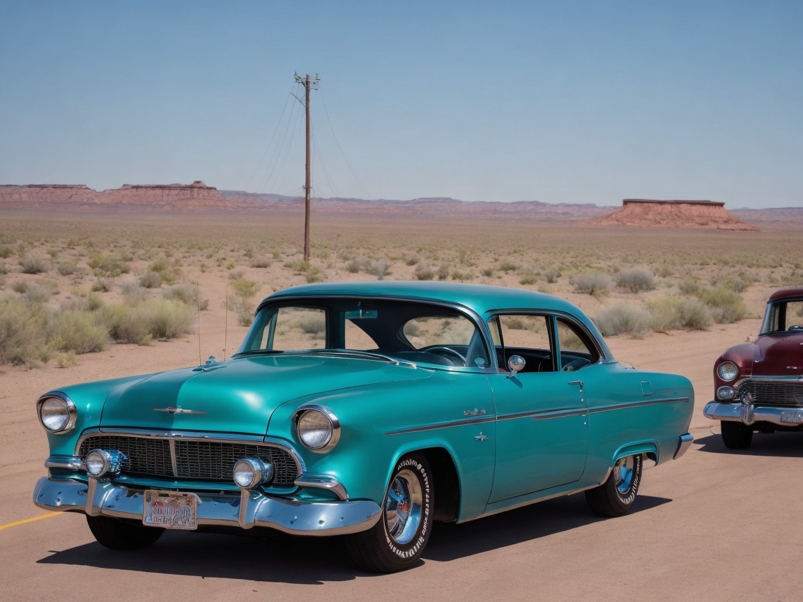Turquoise 1955 Chevrolet on a sunlit highway scene