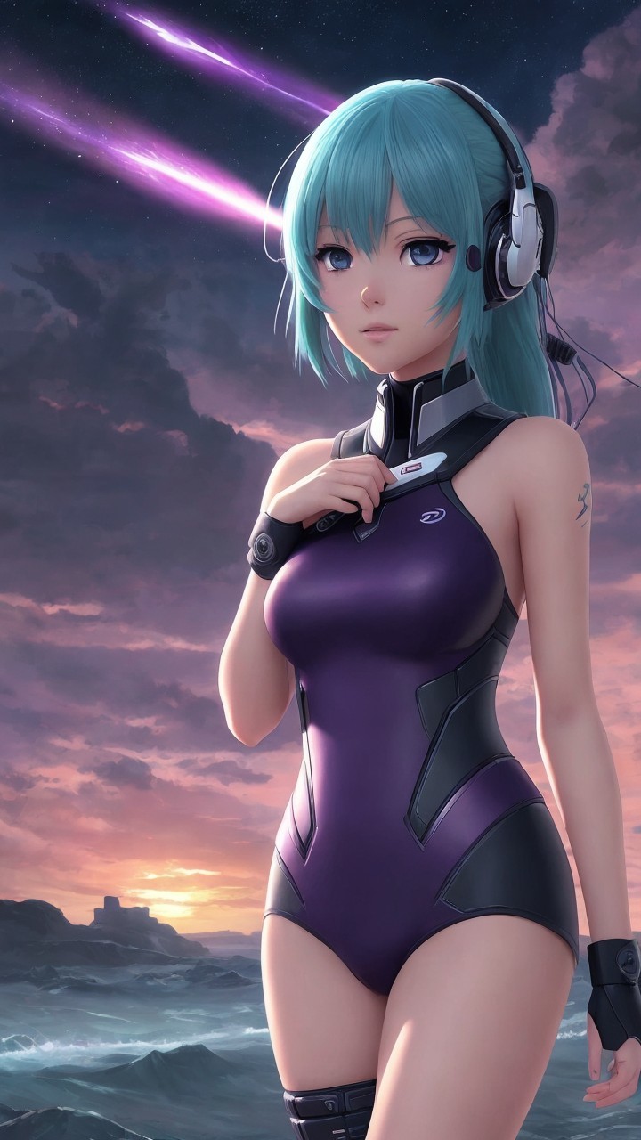 Futuristic character in vibrant attire at sunset