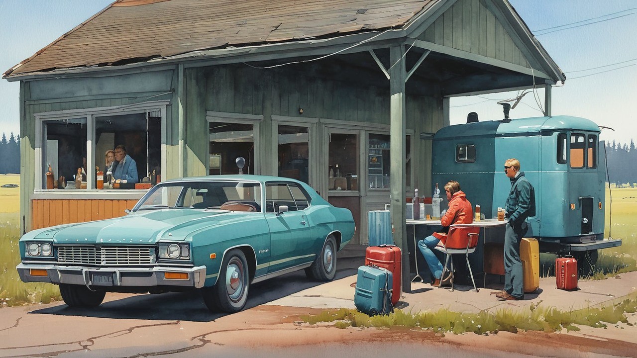 Vintage Scene with Classic Car and Old-Fashioned Bar