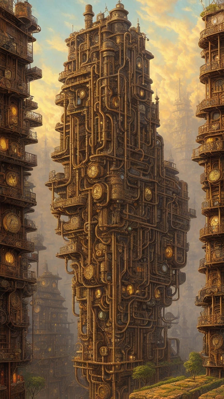 Intricate Steampunk Structure Surrounded by Similar Buildings
