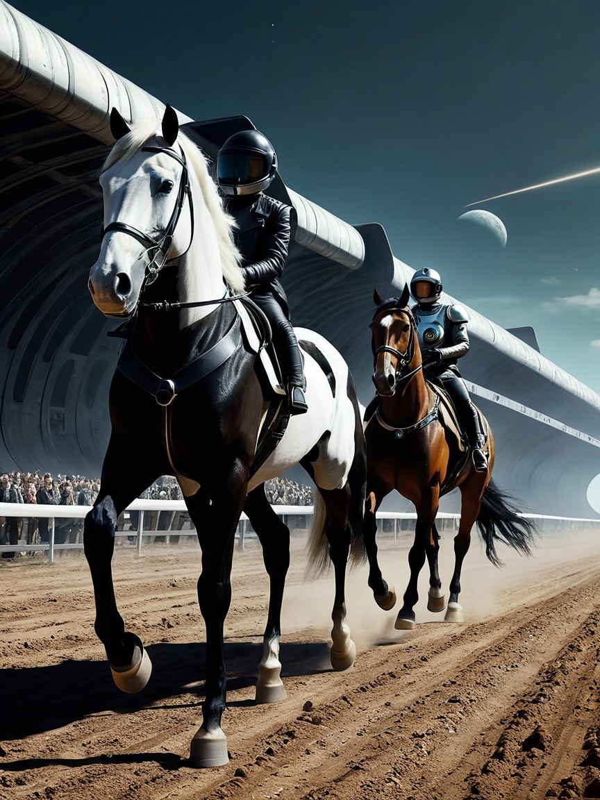 Futuristic Horse Racing with High-Tech Jockeys and Planets