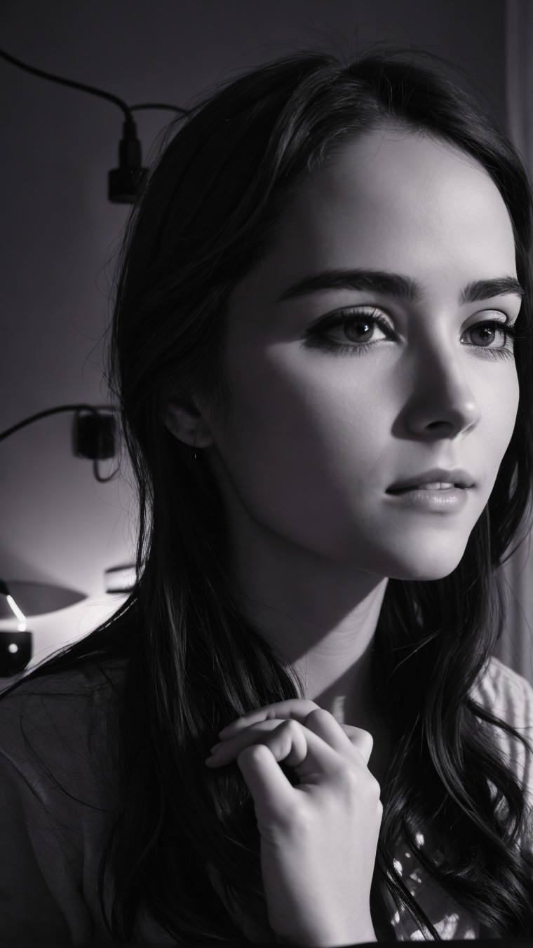 Black and White Portrait of a Thoughtful Young Woman