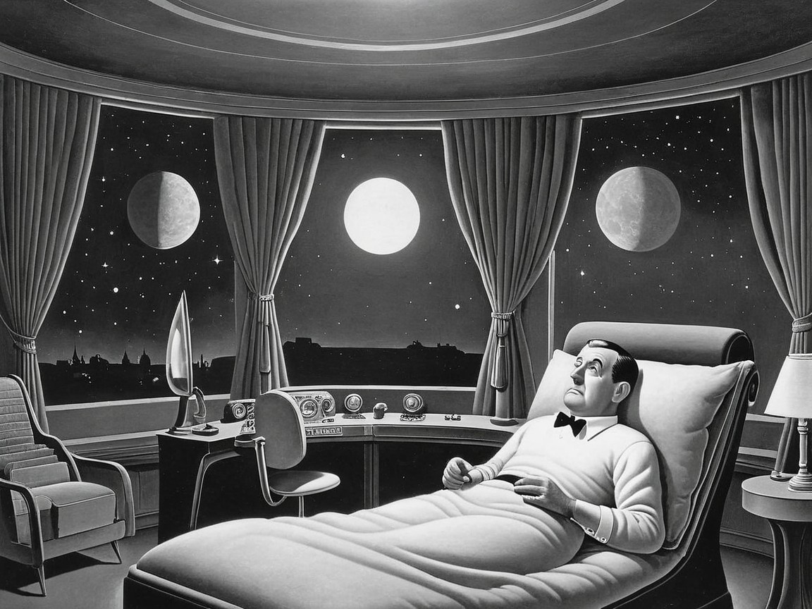 Man in White Suit in Futuristic Room with Celestial View